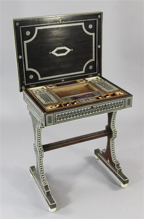 A 19th century Anglo-Indian ivory, sadeli and sandalwood work table, W.2ft.